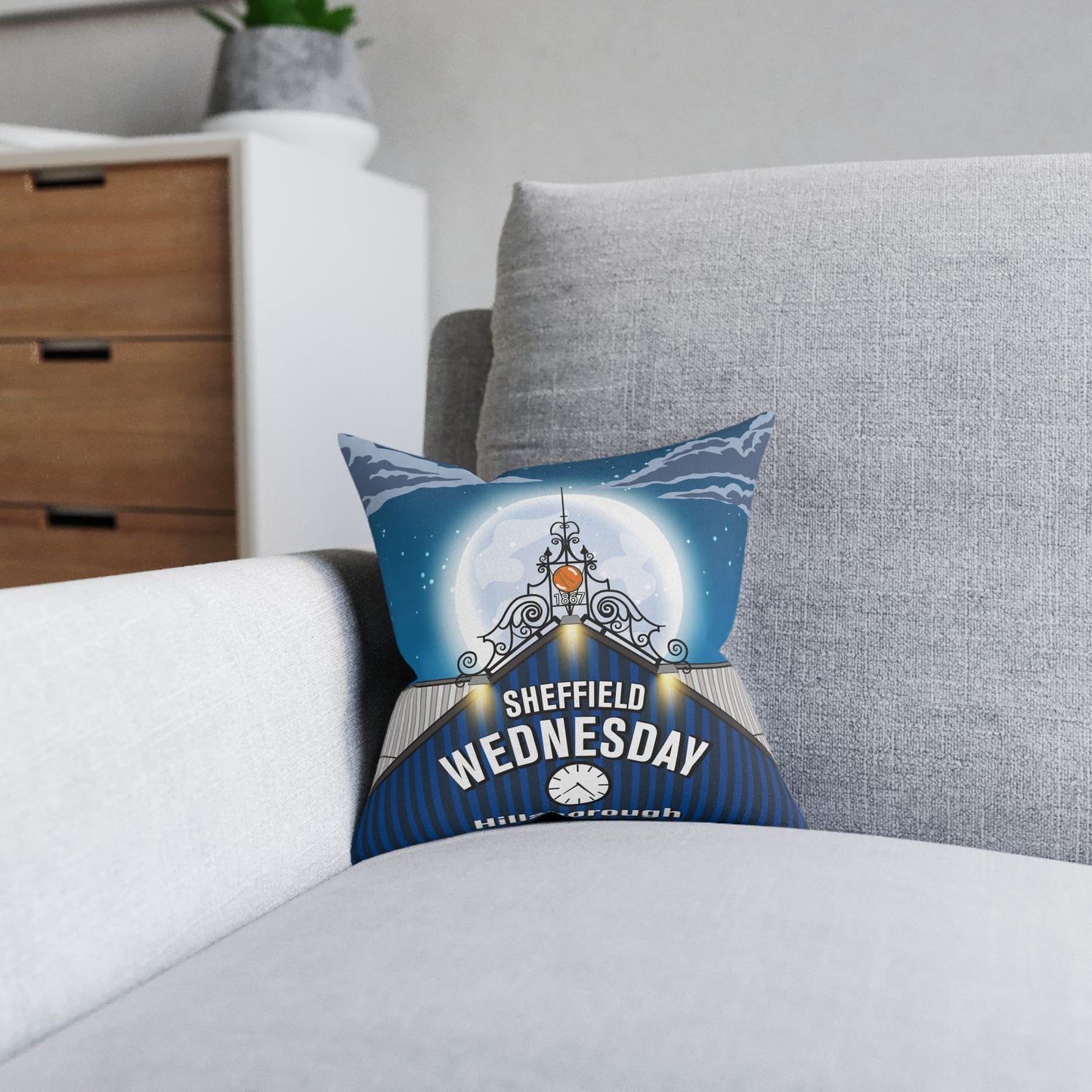 Sheffield Wednesday Fan Pillow — Moonlit Hillsborough Stadium Square Cushion