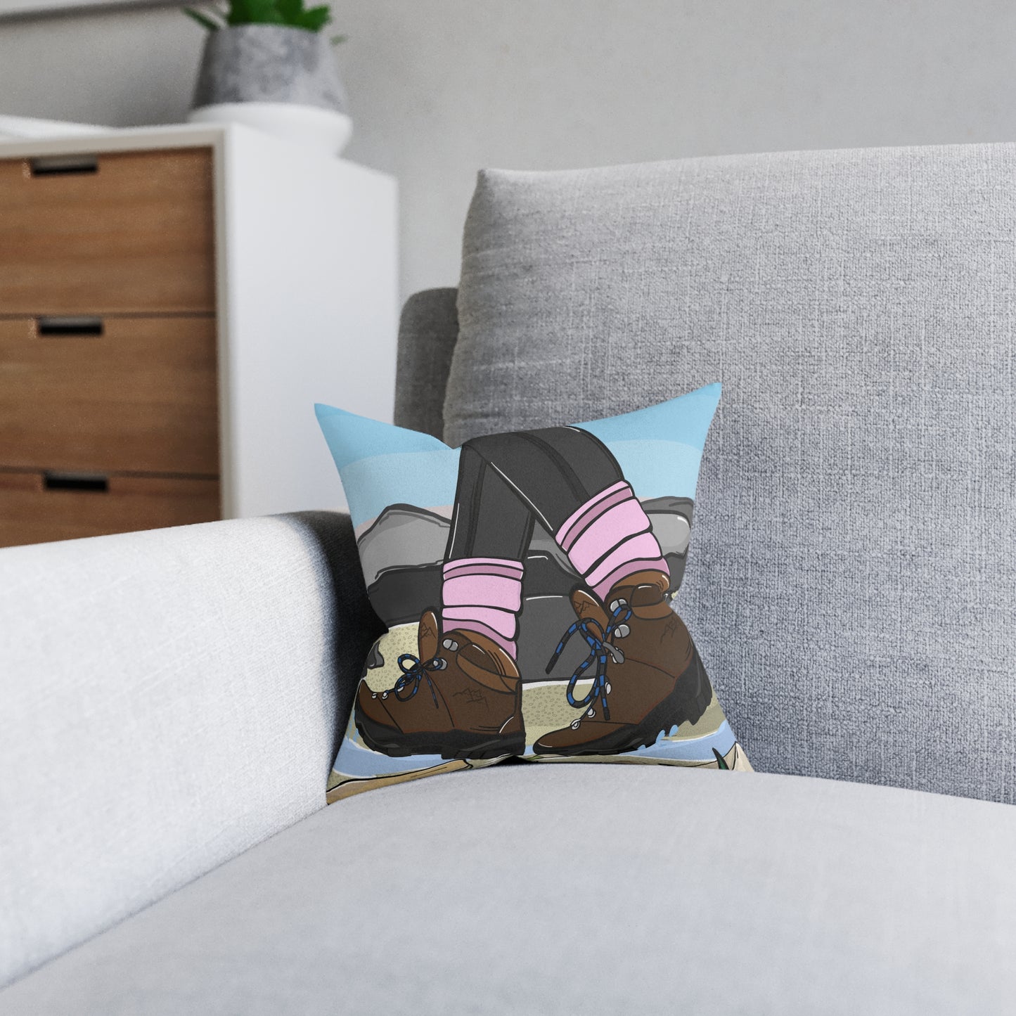 Hiking Boots Square Pillow — Outdoor Adventure Decorative Throw Pillow