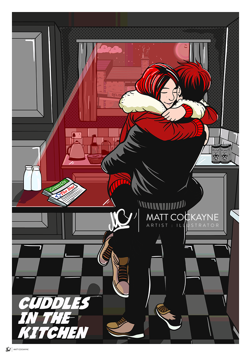 CUDDLES IN THE KITCHEN - Sheffield Prints - Wall Art - Poster - Print - Canvas - Illustration