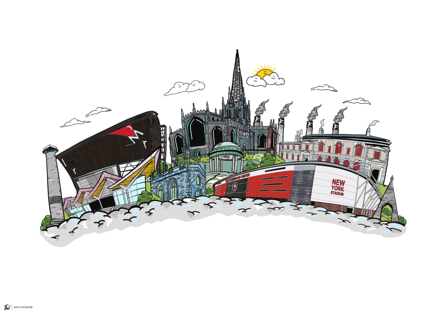Illustrated cityscape with various buildings and landmarks on a white background