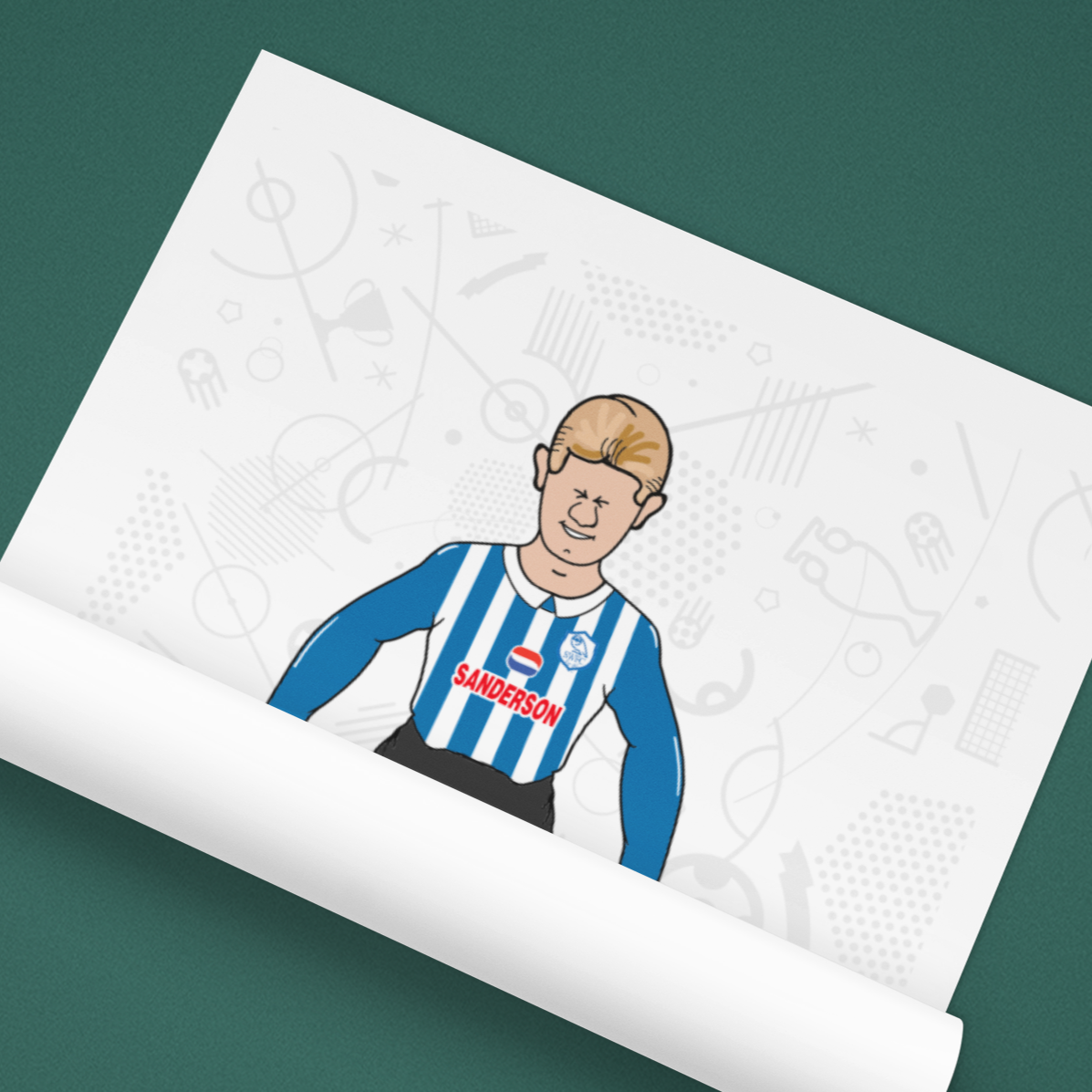 Roll of paper with a cartoon character in a blue and white striped shirt on a green background