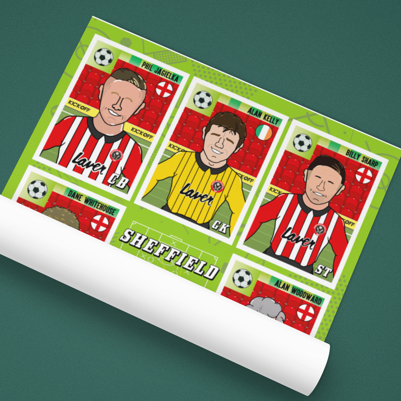 Sheet of sports trading cards with player illustrations on a green background