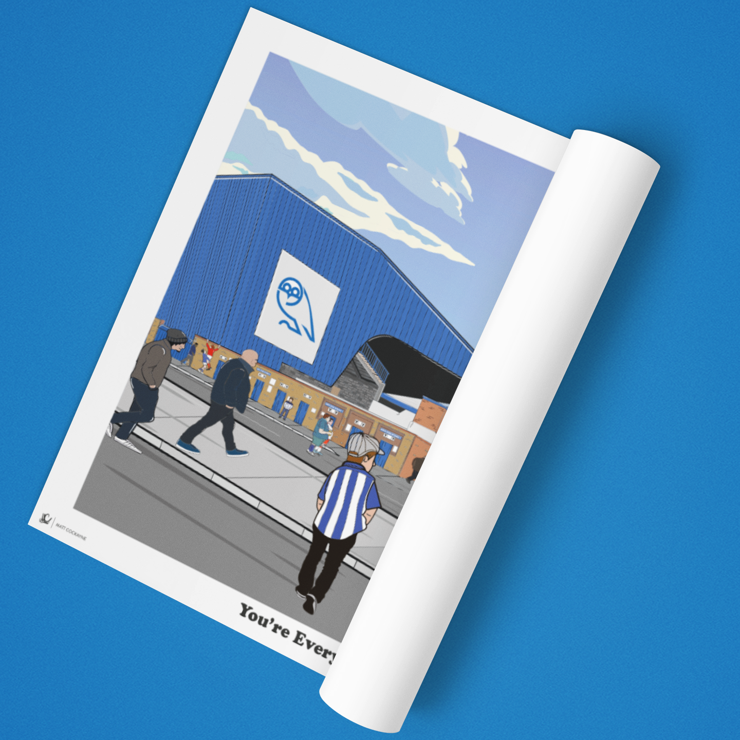 Roll of paper with a graphic design on a blue background