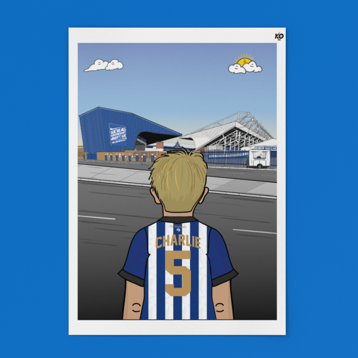 Illustration of a person wearing a blue and white striped jersey with a stadium in the background on a blue background.