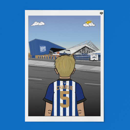 Illustration of a person wearing a blue and white striped jersey with a stadium in the background on a blue background.