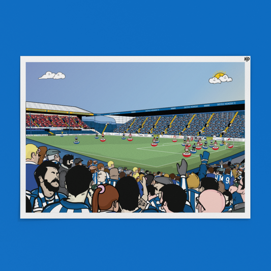 Cartoon depiction of a sports stadium with spectators on a blue background
