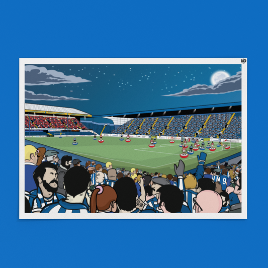Cartoon-style illustration of a sports stadium with spectators on a blue background