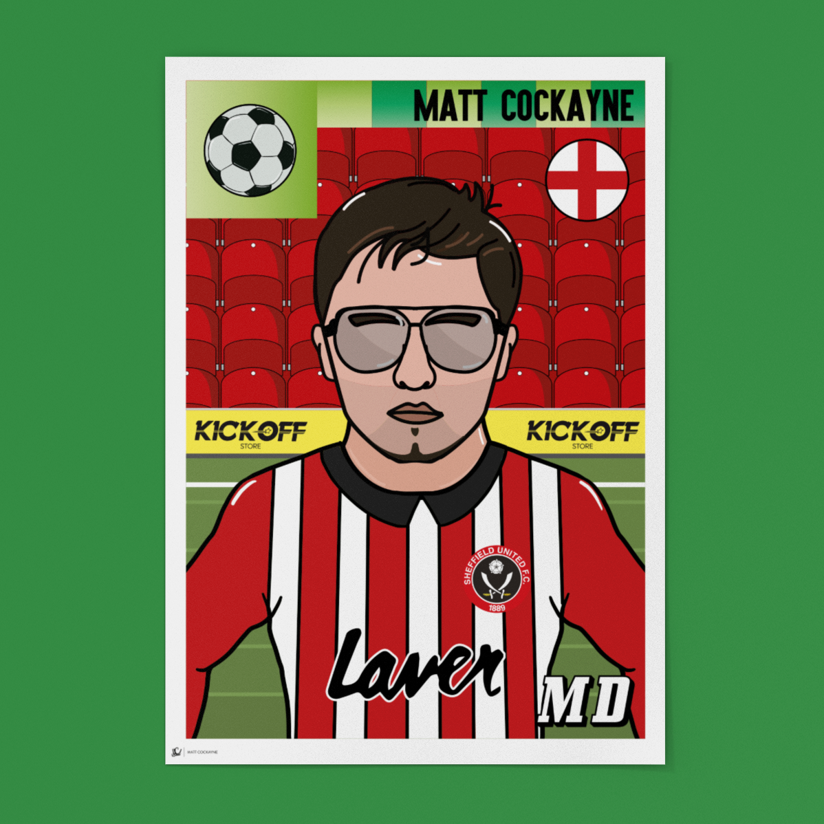 Illustration of a person wearing glasses and a red and white striped shirt on a green background with soccer elements.