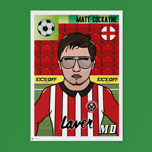Illustration of a person wearing glasses and a red and white striped shirt on a green background with soccer elements.