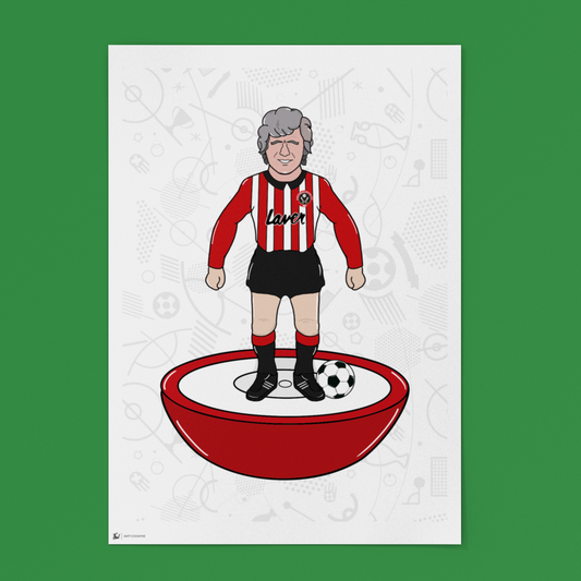 Cartoon character in a red and black striped jersey standing on a red bowl with a soccer ball on a white background.