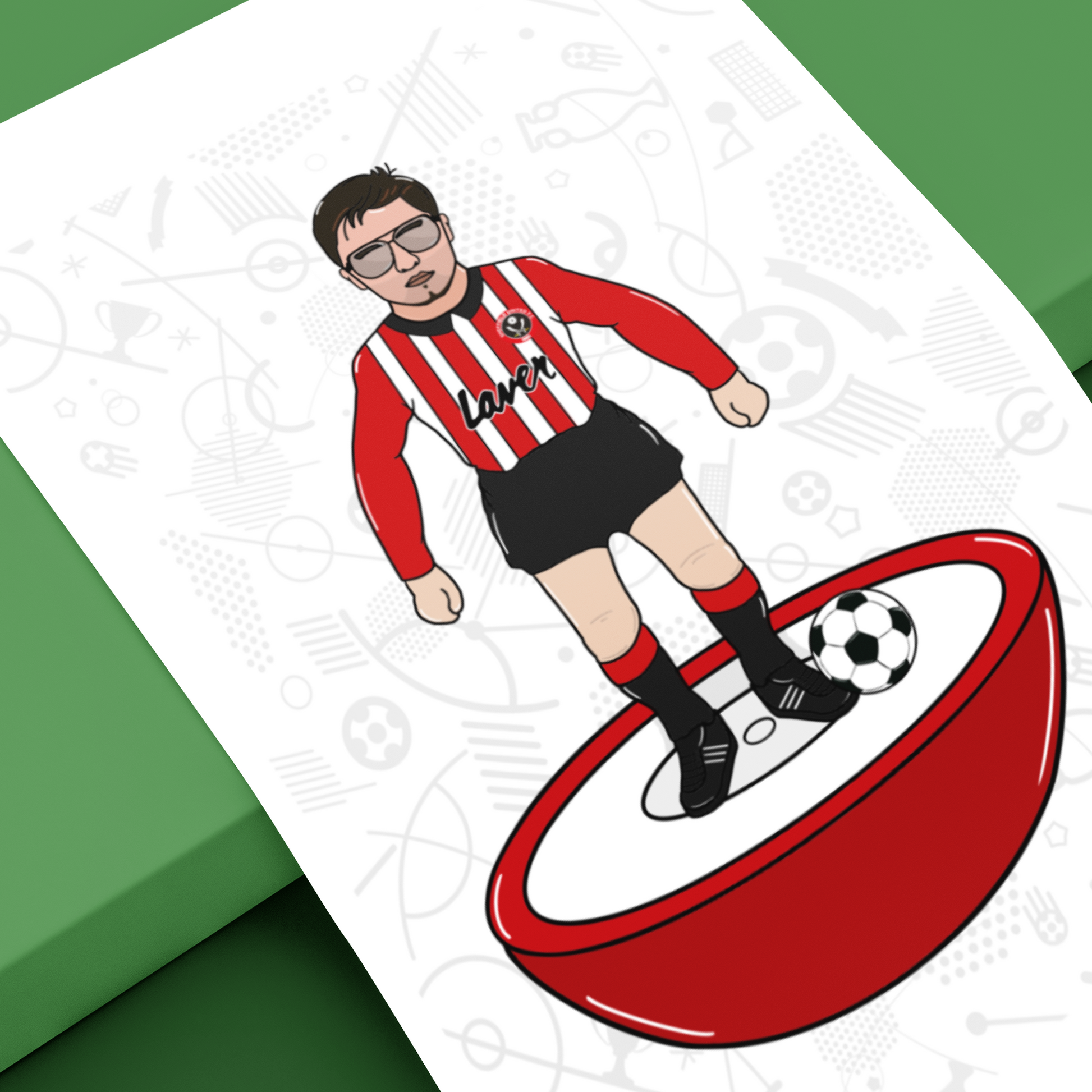Cartoon character in a red and black striped jersey with a soccer ball on a white background