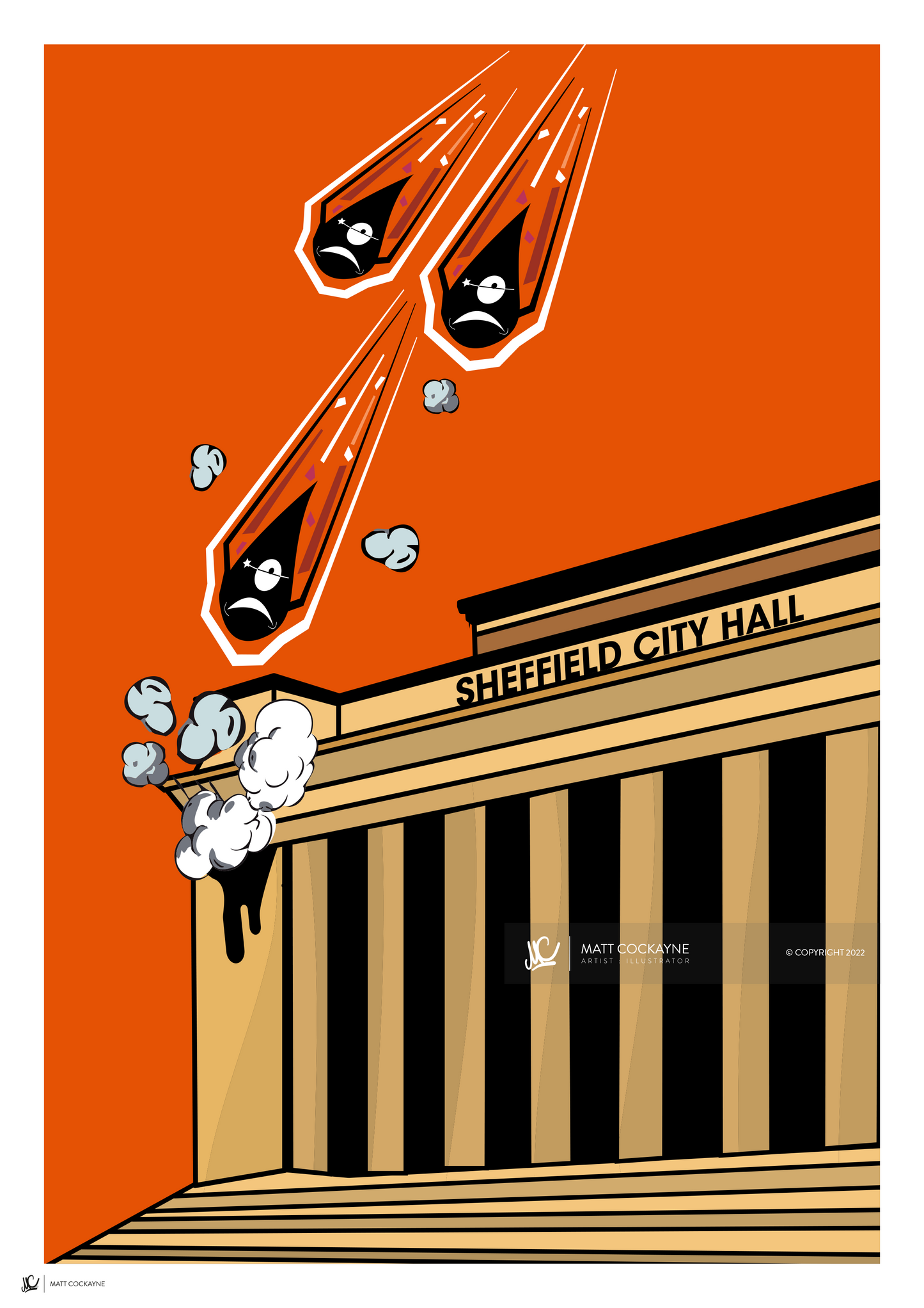 HENDOS- ATTACK OF THE HENDOS CITY HALL - Sheffield Prints - Wall Art - Poster - Print - Canvas - Illustration