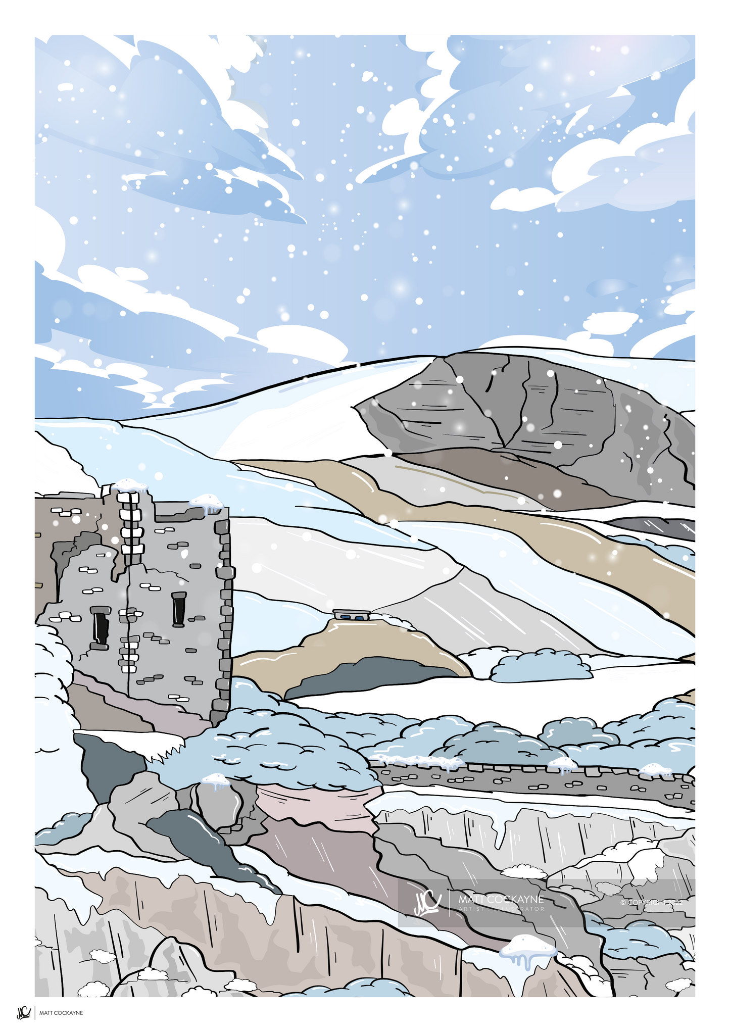 MAM TOR WINTER HIKE - Peak District Prints - Wall Art - Poster - Print - Canvas - Illustration