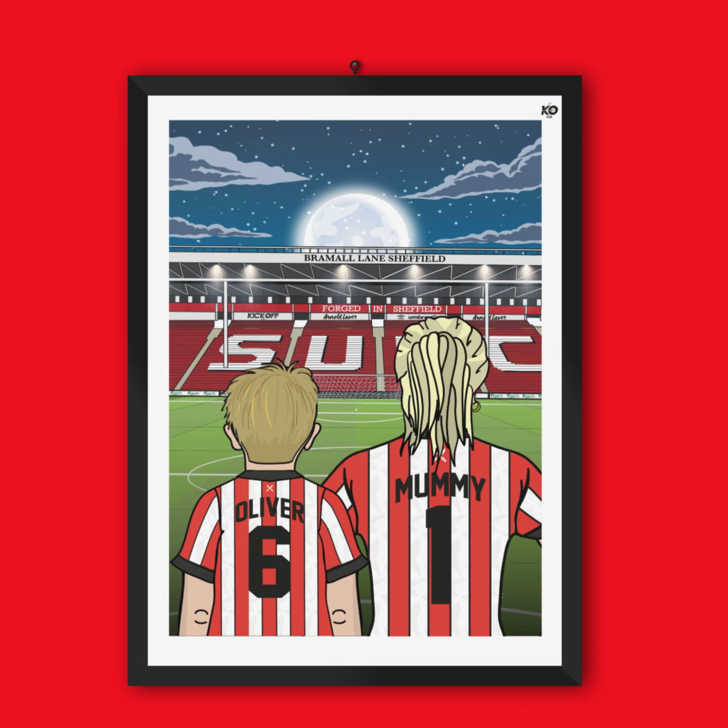 Personalised Sheffield United fc custom Mum & Lad pitch artwork - SUFC Bramall Lane Football Ground Team Gift Art Print Kop SUFC Mothers day gifts