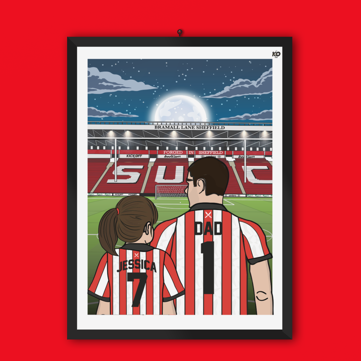 Personalised Sheffield United fc custom Dad & Lass PITCH PRINT - SUFC, The Blades, Bramall Lane Football Gift Art Prints Gifts teen
