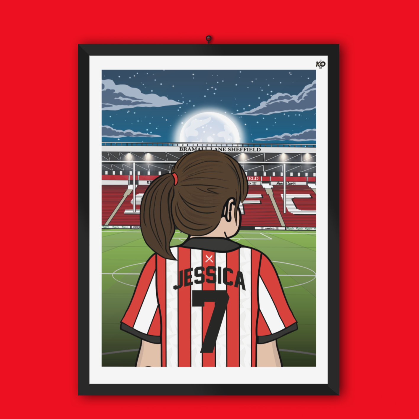 Personalised Sheffield United FC custom Lass PITCH PRINT - SUFC The Blades, Bramall Lane, Football Gift Art Prints Gifts efl