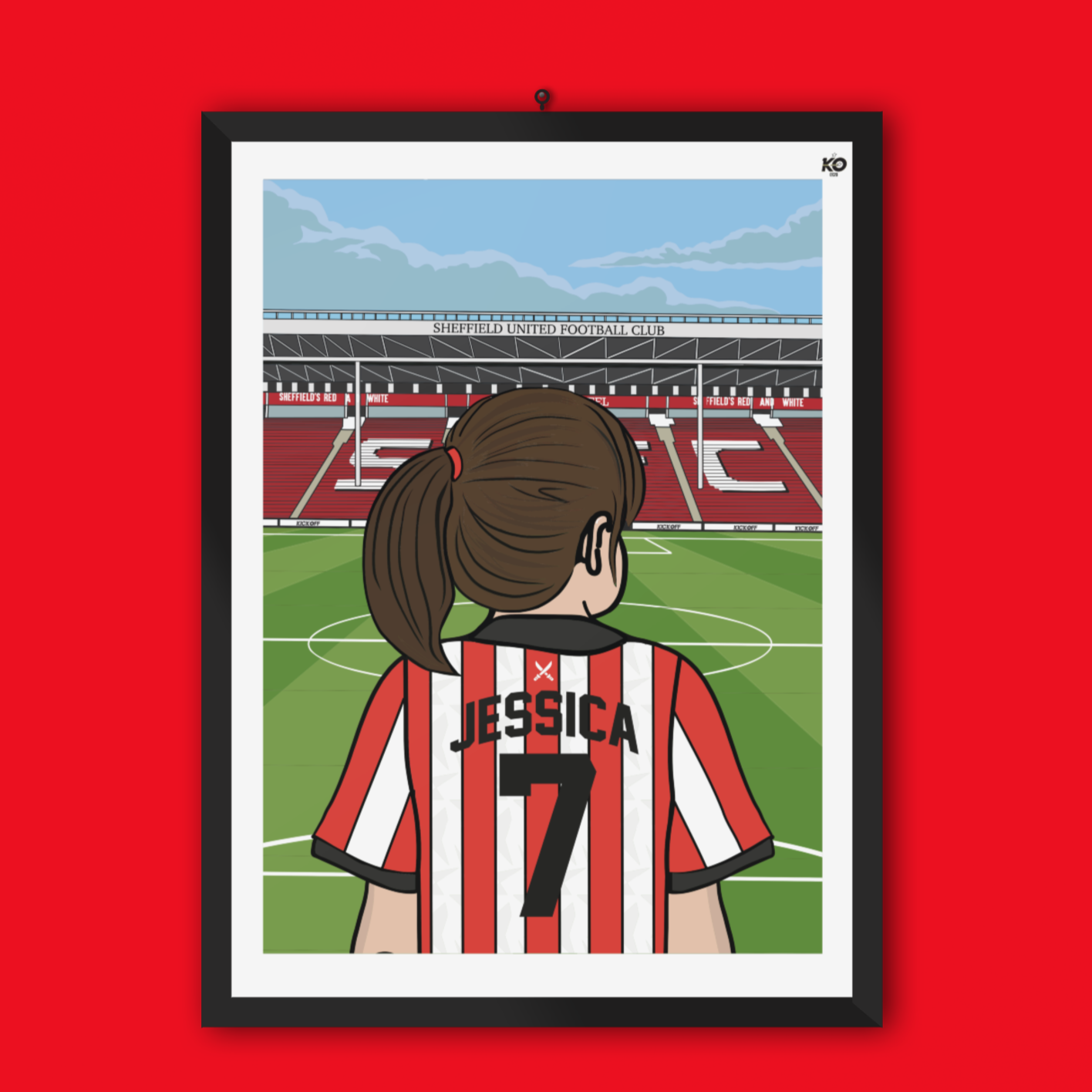 Personalised Sheffield United FC custom Lass PITCH PRINT - SUFC The Blades, Bramall Lane, Football Gift Art Prints Gifts efl