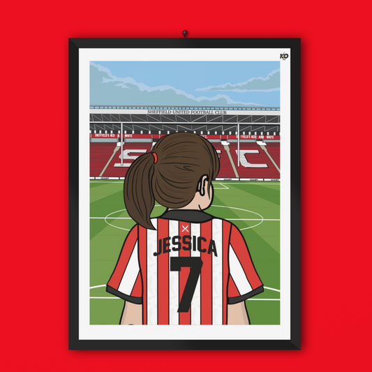 Personalised Sheffield United FC custom Lass PITCH PRINT - SUFC The Blades, Bramall Lane, Football Gift Art Prints Gifts efl