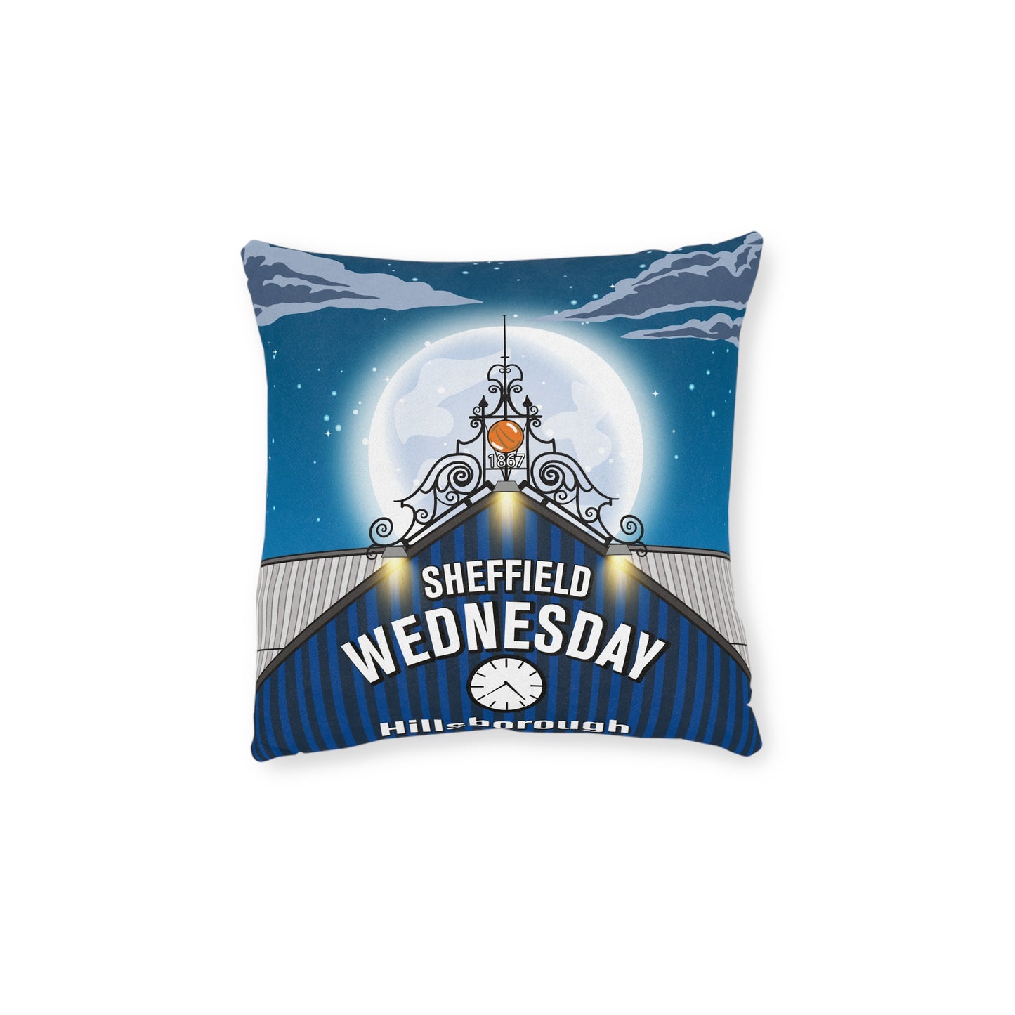 Sheffield Wednesday Fan Pillow — Moonlit Hillsborough Stadium Square Cushion