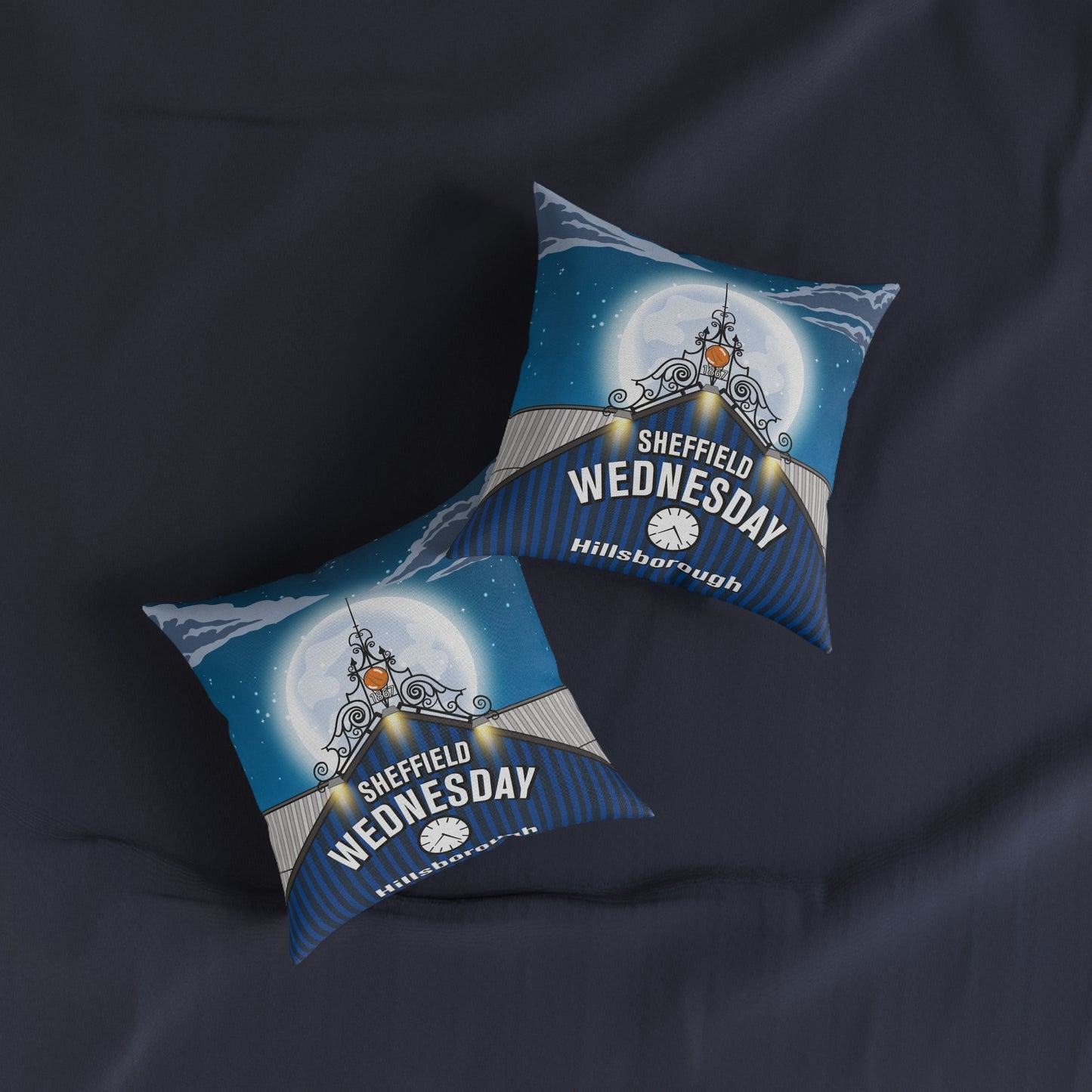 Sheffield Wednesday Fan Pillow — Moonlit Hillsborough Stadium Square Cushion