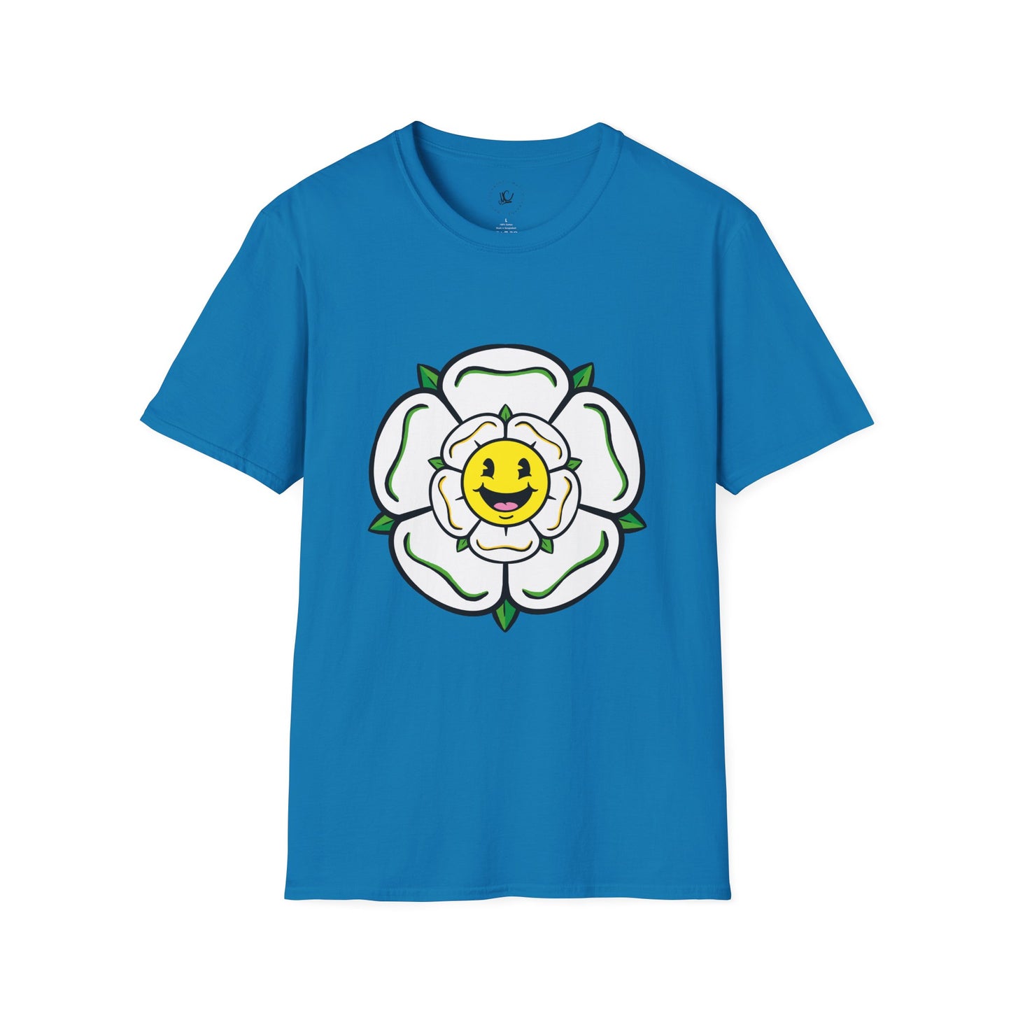 Blue t-shirt with a white flower design featuring a smiley face on a white background