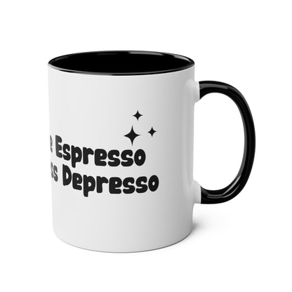 More Espresso Less Depresso - Two-Tone Coffee Mugs, 11oz