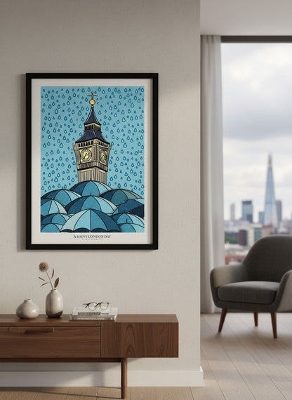 A Rainy Day in London Print | London Skyline Wall Art | Moody Cityscape Poster | British Icon Art | London Illustration | UK Travel Print