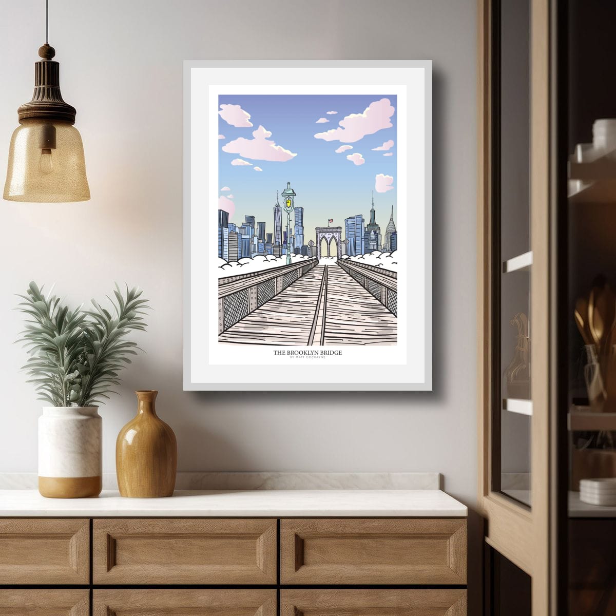 Brooklyn Bridge Day Print, New York City Skyline Wall Art, NYC Architecture Poster, Urban Illustration, New York Travel Art, Modern Cityscape Gift