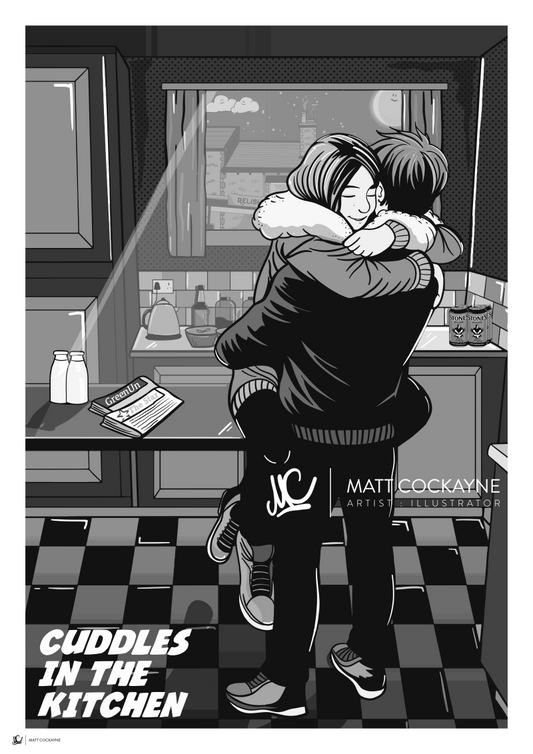 CUDDLES IN THE KITCHEN - Sheffield Prints - Wall Art - Poster - Print - Canvas - Illustration