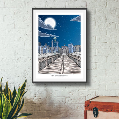 Brooklyn Bridge Print, New York City Skyline Wall Art, NYC Architecture Poster, Urban Illustration, New York Travel Art, Modern Cityscape Gift