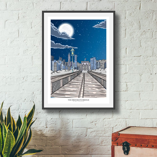 Brooklyn Bridge Print, New York City Skyline Wall Art, NYC Architecture Poster, Urban Illustration, New York Travel Art, Modern Cityscape Gift