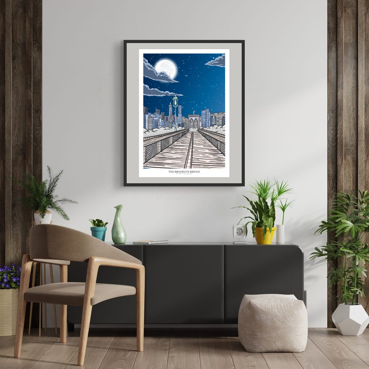 Brooklyn Bridge Print, New York City Skyline Wall Art, NYC Architecture Poster, Urban Illustration, New York Travel Art, Modern Cityscape Gift