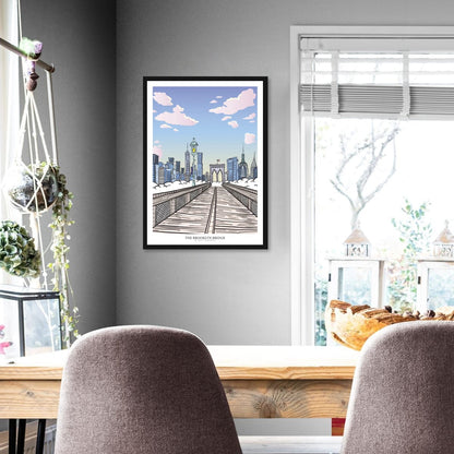 Brooklyn Bridge Day Print, New York City Skyline Wall Art, NYC Architecture Poster, Urban Illustration, New York Travel Art, Modern Cityscape Gift