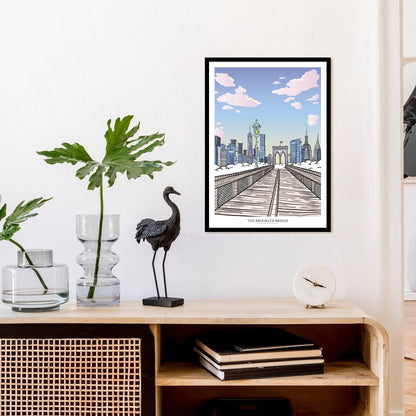 Brooklyn Bridge Day Print, New York City Skyline Wall Art, NYC Architecture Poster, Urban Illustration, New York Travel Art, Modern Cityscape Gift