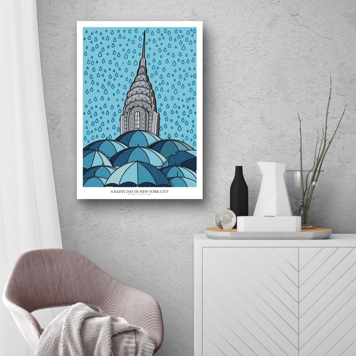Moody New York Print, Rainy Day NYC Wall Art, New York City Poster, Urban Skyline Illustration, NYC Travel Art, Modern Cityscape Gift