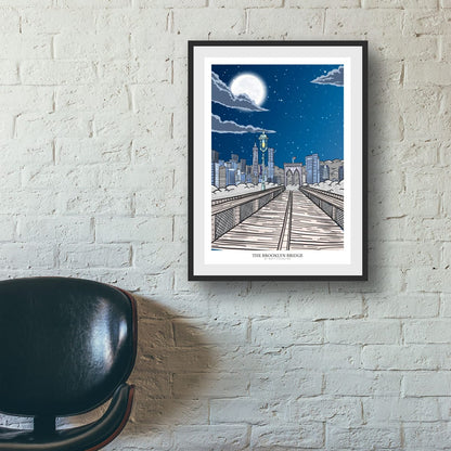 Brooklyn Bridge Print, New York City Skyline Wall Art, NYC Architecture Poster, Urban Illustration, New York Travel Art, Modern Cityscape Gift