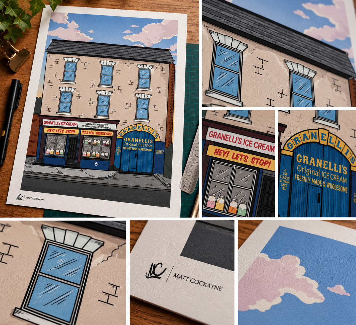Colourful Granelli's Ice Cream Sheffield art print by Matt Cockayne, featuring the blue ice cream shop entrance, traditional sweet shop and pastel sky.