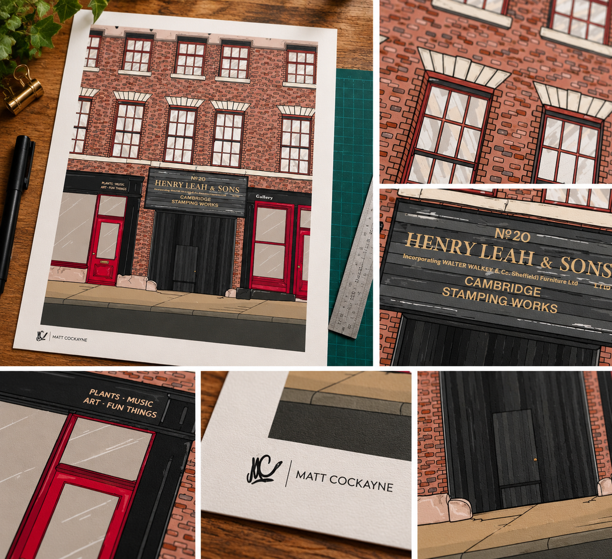 A collage of printed artwork panels showing a brick building facade with storefront details and the text 'Henry Leah & Sons' and 'Cambridge Stamping Works.' This appears to be a printed art print or poster being sold, not a real photographed environment, so the best fit is Scenery because the depicted scene itself is the product.