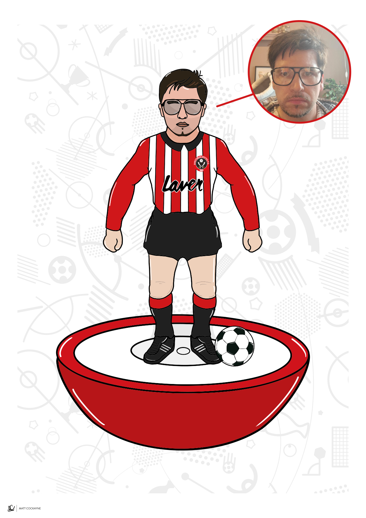 Cartoon character in a red and white striped jersey with a soccer ball on a white background
