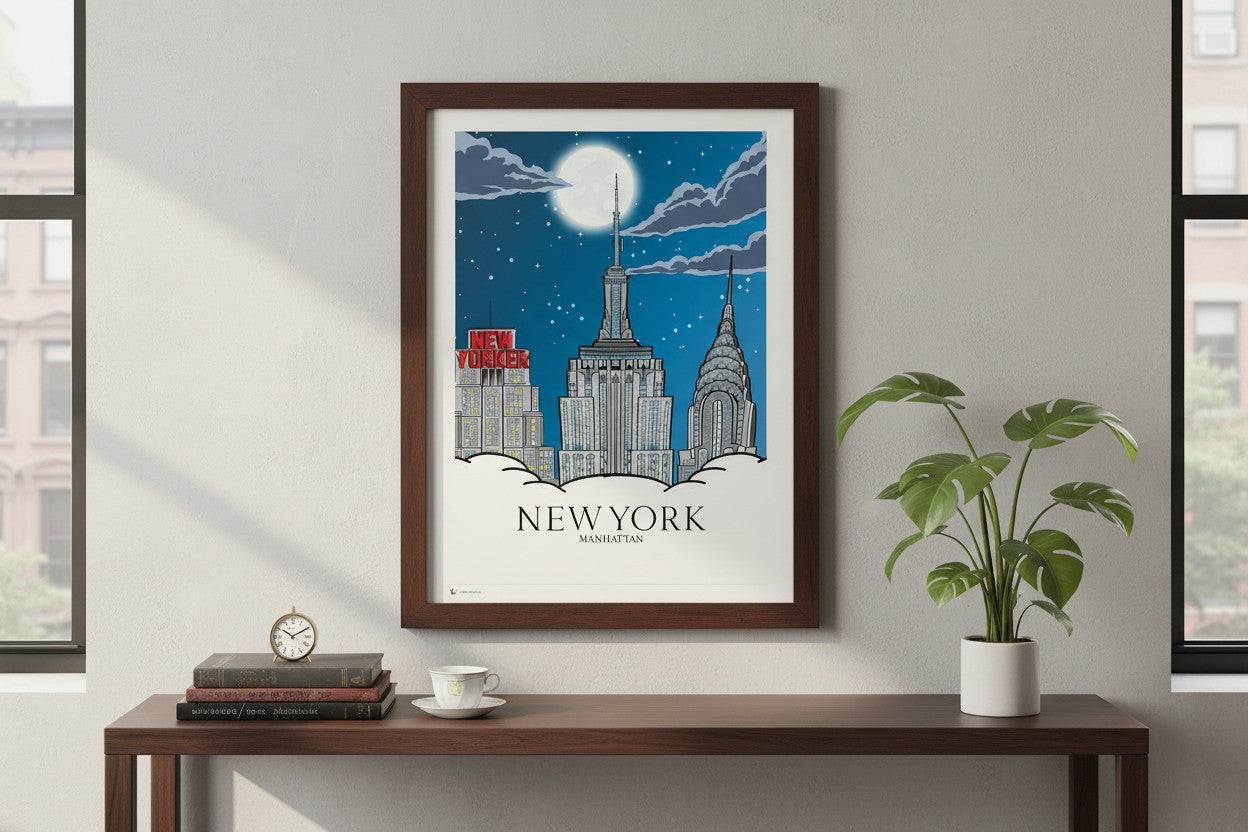 Manhattan Print – New York Skyline Wall Art, NYC Cityscape Poster, Travel & Urban Illustration