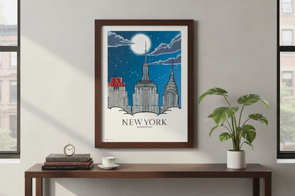 Manhattan Print – New York Skyline Wall Art, NYC Cityscape Poster, Travel & Urban Illustration