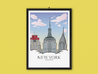 Manhattan Day Print – New York Skyline Wall Art, NYC Cityscape Poster, Travel & Urban Illustration