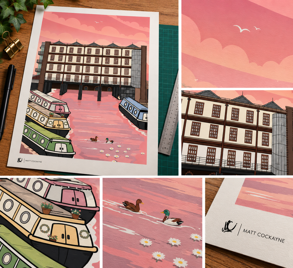 Victoria Quays Sheffield sunset illustration by Matt Cockayne, featuring colourful narrowboats, historic waterfront warehouses, ducks and a pink evening sky.