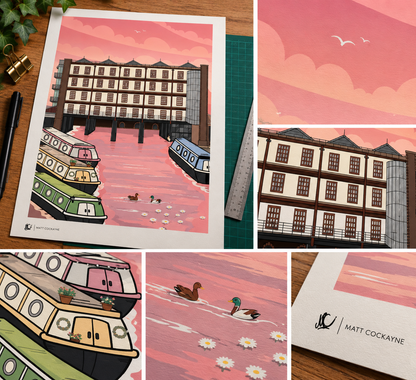 Victoria Quays Sheffield sunset illustration by Matt Cockayne, featuring colourful narrowboats, historic waterfront warehouses, ducks and a pink evening sky.