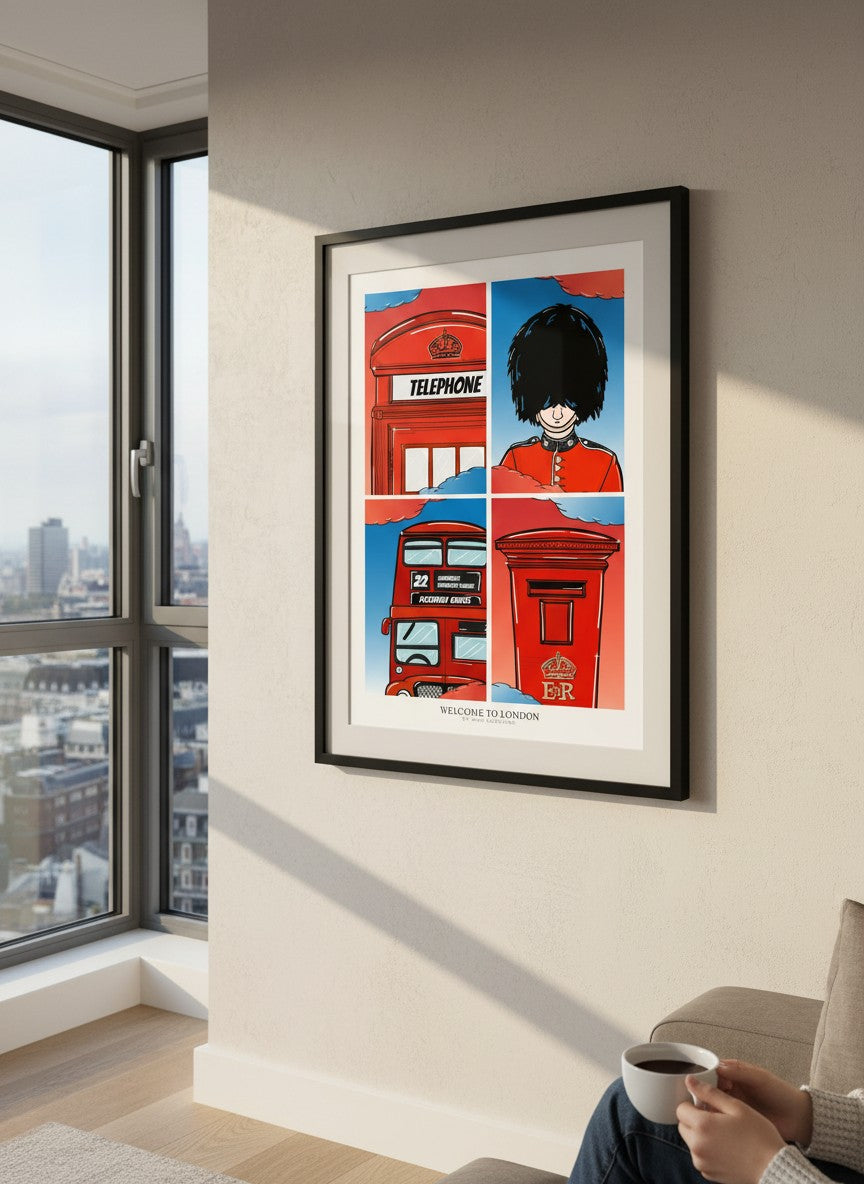London Icons Pop Art Print | Red Bus, Phone Box, Guard Illustration
