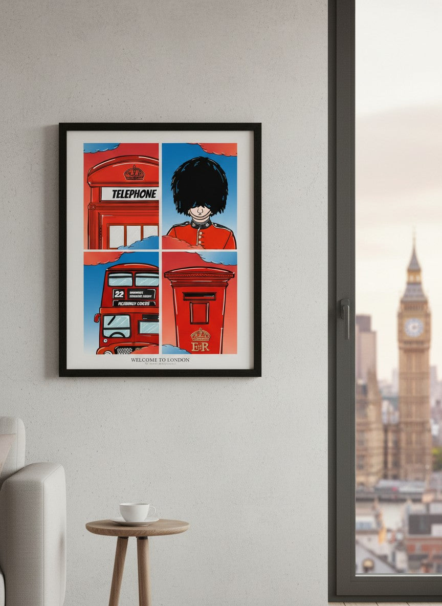 London Icons Pop Art Print | Red Bus, Phone Box, Guard Illustration