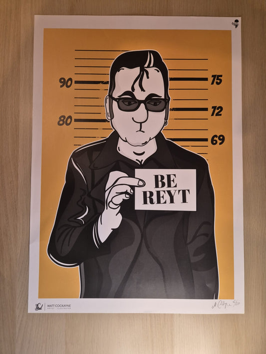 Poster of a stylized figure holding a sign with text on an orange background