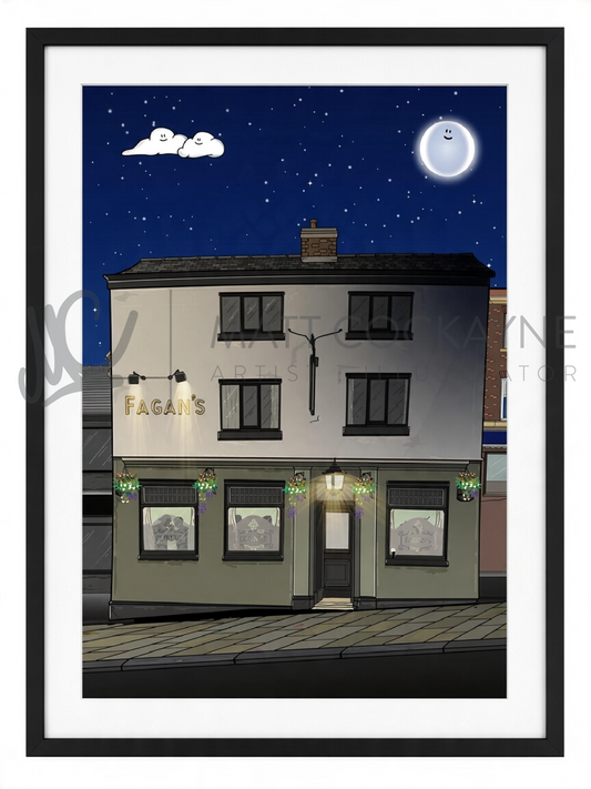 "Fagan's Pub Sheffield at night – colourful illustrated artwork of the historic Broad Lane pub by Sheffield artist Matt Cockayne."