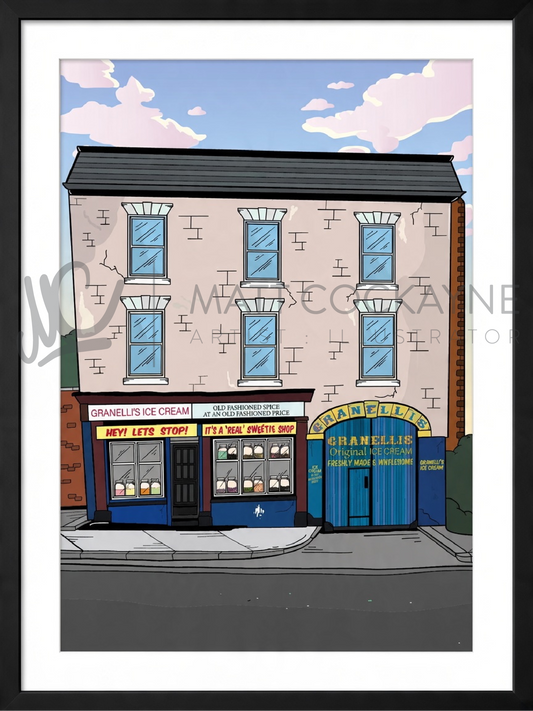 Colourful Granelli's Ice Cream Sheffield art print by Matt Cockayne, featuring the blue ice cream shop entrance, traditional sweet shop and pastel sky.