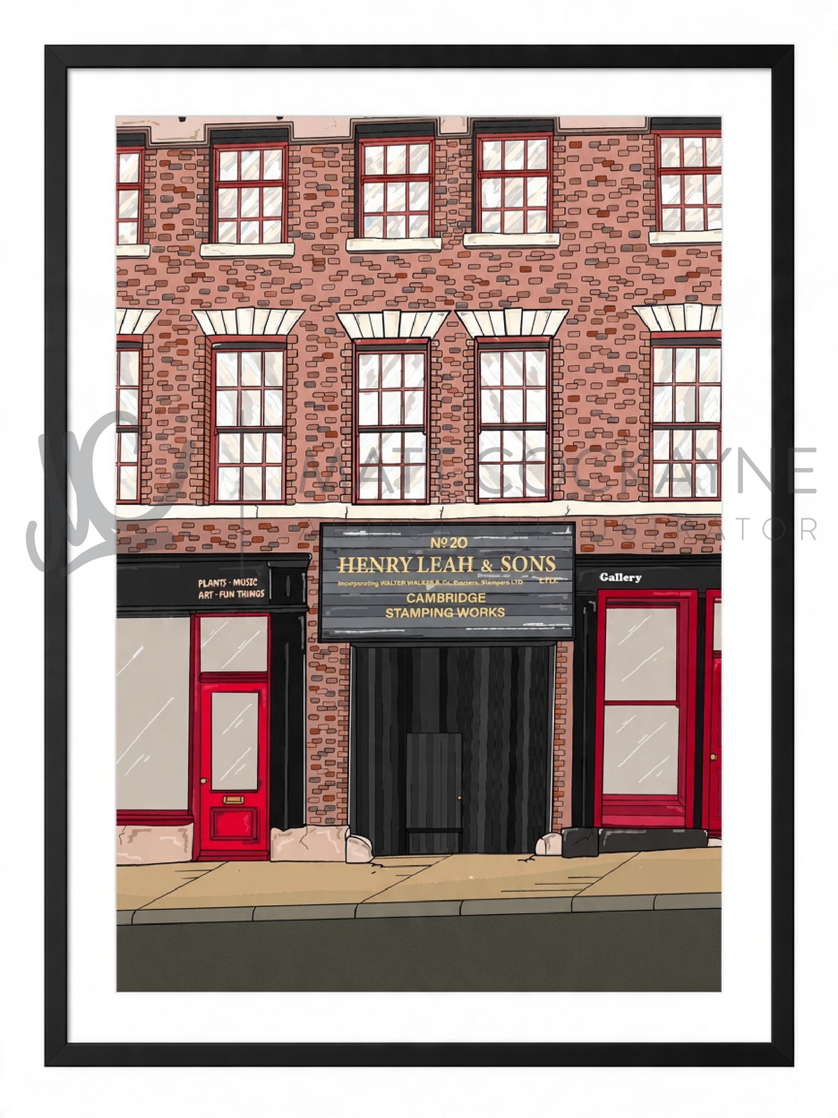 Matt Cockayne illustration of Leah's Yard on Cambridge Street, Sheffield, featuring its historic red-brick facade, Henry Leah & Sons signage and red shop doors.